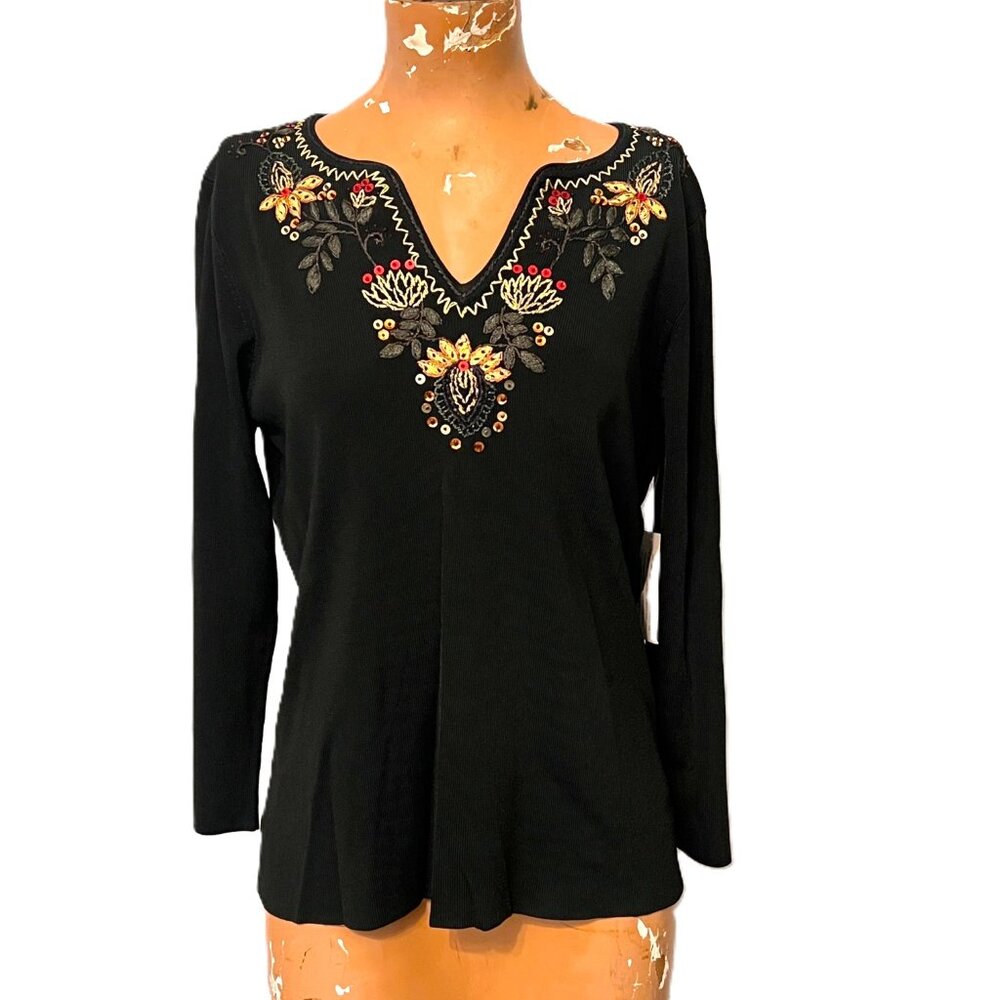 Crossing Pointe Knit Blouse Embroidered Sequin Fall Flowers Medium Cottage NEW